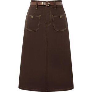 Denim Skirt with Belt Below Knee Length Coffee